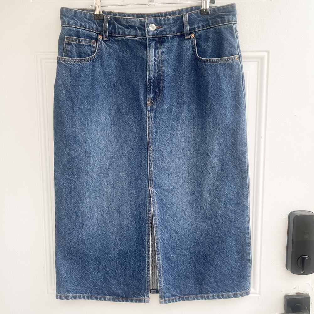 H&M Blue Denim Midi Pencil Skirt Size M Front Slit 100% Cotton
